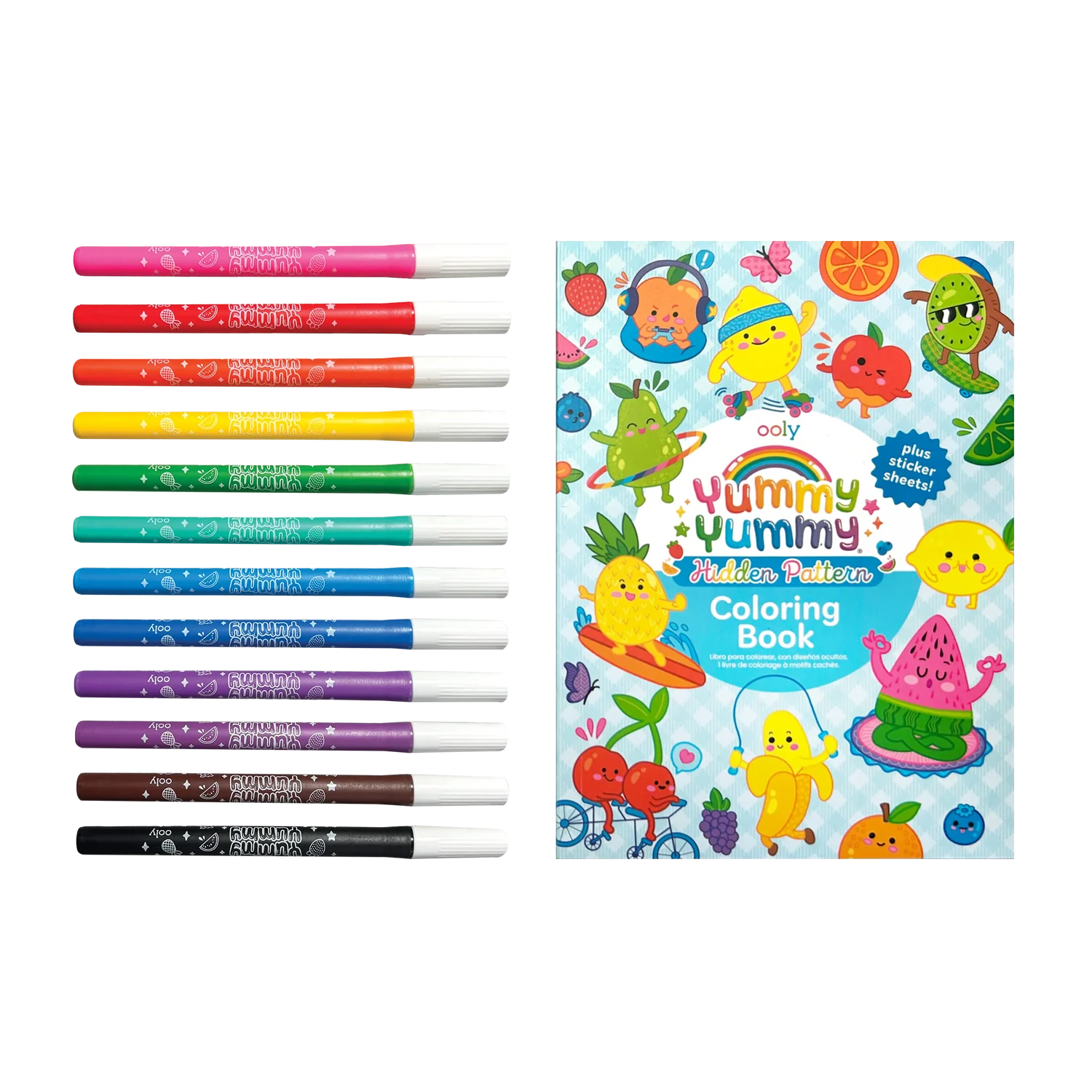 Kit colorear con aroma Yummy Yummy: marcadores, calcomanías y libro para colorear