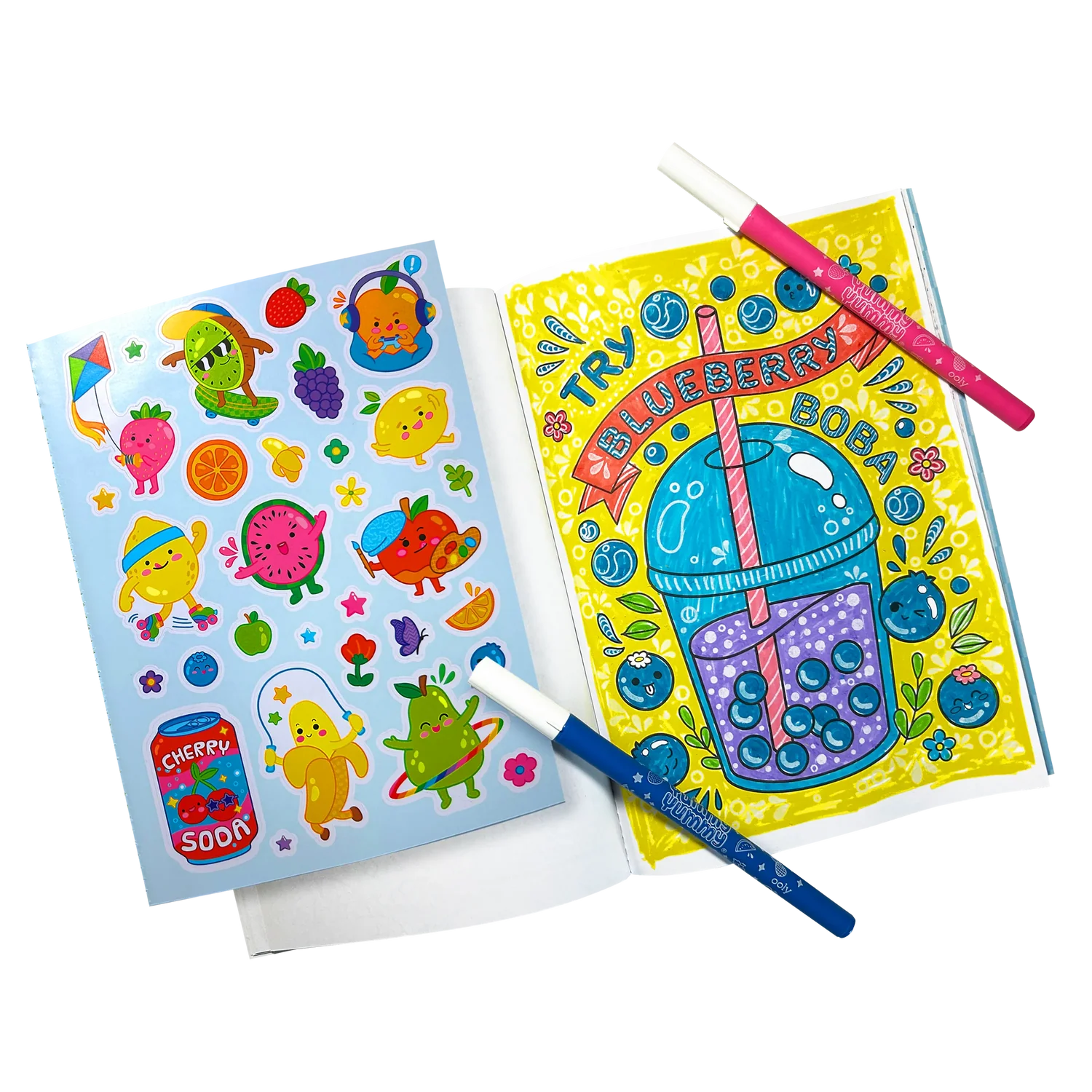 Kit colorear con aroma Yummy Yummy: marcadores, calcomanías y libro para colorear